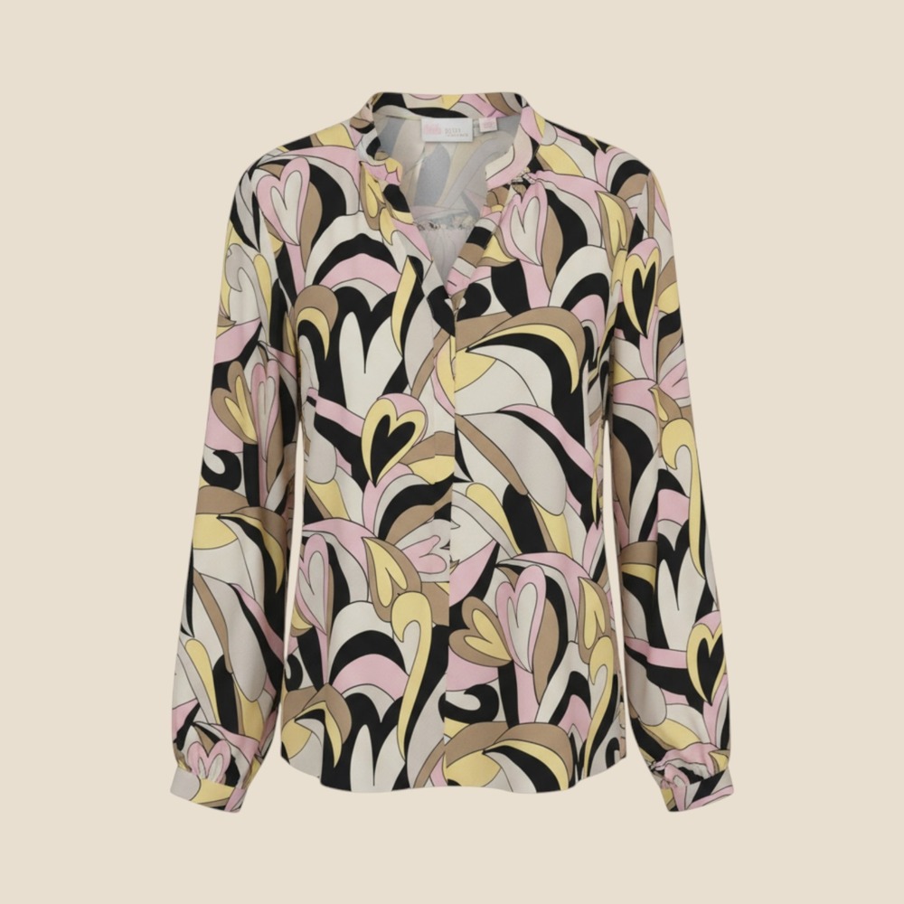 Belle by Kim Gravel XL Abstract Heart Swirl Blouse V-Neck Pink Yellow 60s Artsy
